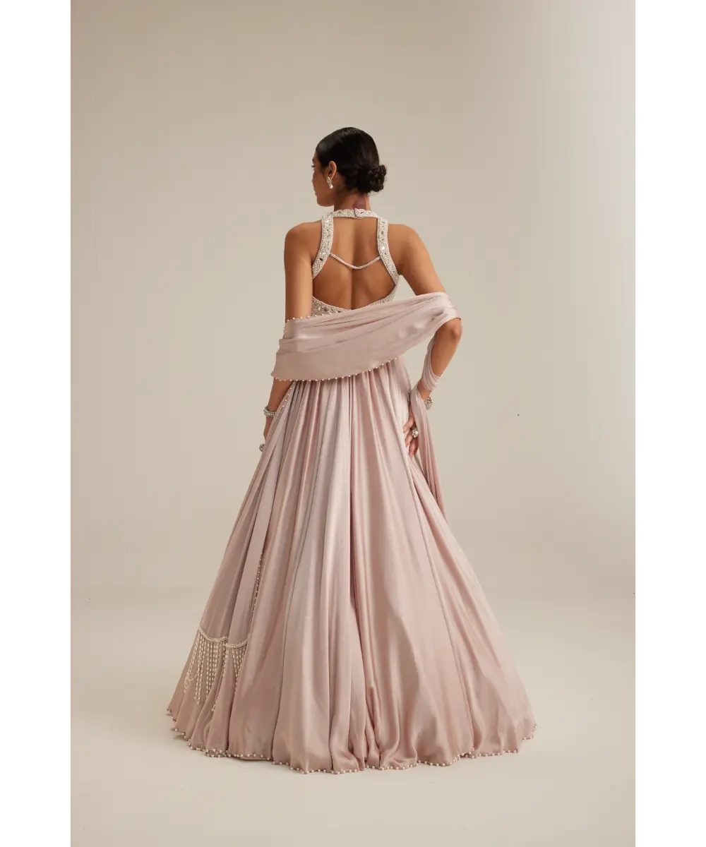 VVANI VATS- Ash Pink Satin skirt Set